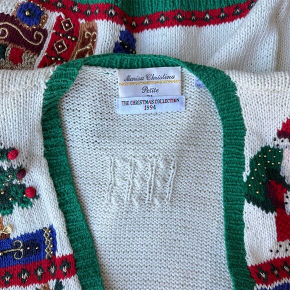 VTG 1994 Marisa Christina Christmas Ugly Sweater Cardigan Petite PL Grannycore - Picture 5 of 7